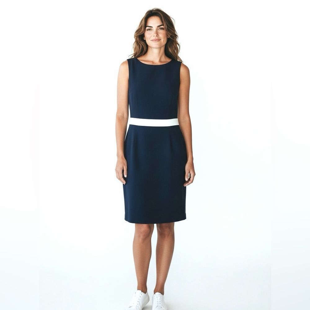Anne Klein Sleeveless Sheath Dress Midnight Blue White Waist Accent Size 4 NWT